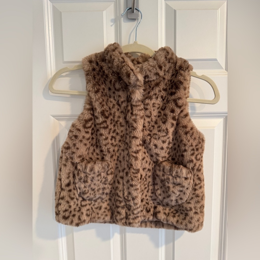 Mini Boden Girls 7-8 Leopard Faux Fur Hooded Vest Brown Fall Layer Teddy Bear